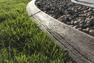 A close-up view of a concrete edging separating green grass from decorative rocks in a landscaped area, perfect for a Showcase Gallery display.