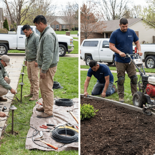 Two images show workers in Greenwood MN installing holiday lighting and decorative curbing in a residential yard, with tools and materials spread out on the grass. Two images show workers in Greenwood MN installing holiday lighting and decorative curbing in a residential yard, with tools and materials spread out on the grass.