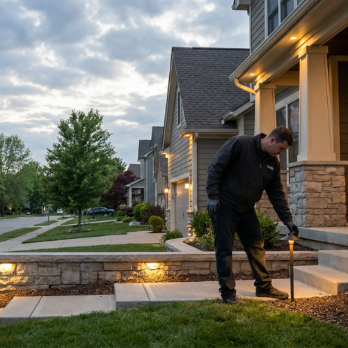 A person in work clothes installs a pathway light near the steps of a Greenwood MN suburban house at dusk, with holiday lighting glowing on the porch and landscape, enhancing the scene along the decorative curbing. A person in work clothes installs a pathway light near the steps of a Greenwood MN suburban house at dusk, with holiday lighting glowing on the porch and landscape, enhancing the scene along the decorative curbing.