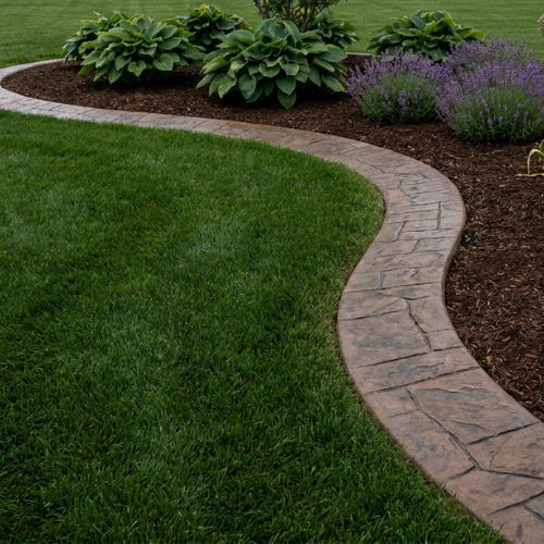 Curved decorative curbing separates a green lawn from mulched garden beds with hostas and lavender plants, adding a polished touch to this Greenwood MN landscape—perfect for showcasing holiday lighting. Curved decorative curbing separates a green lawn from mulched garden beds with hostas and lavender plants, adding a polished touch to this Greenwood MN landscape—perfect for showcasing holiday lighting.