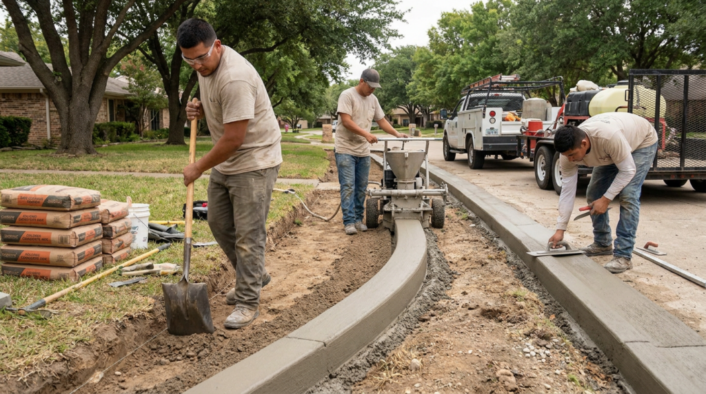 Three workers pour, spread, and smooth fresh concrete to construct a curved sidewalk with concrete curbing along a residential street, with installation tools and equipment visible nearby in the landscape.