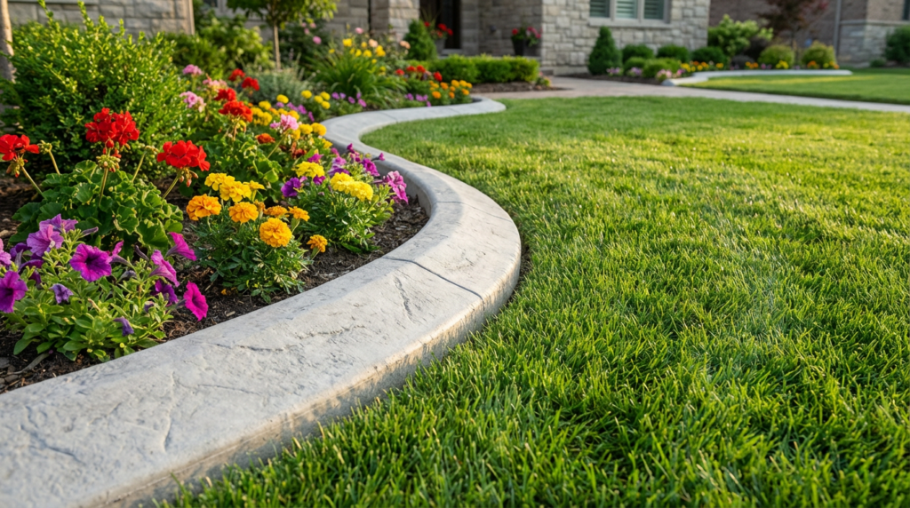 Blog 3 A landscaped garden with neatly trimmed grass, colorful flowers, and a curved concrete curbing border separating the flowerbed from the lawn—perfect for enhancing any Minnesota landscape.