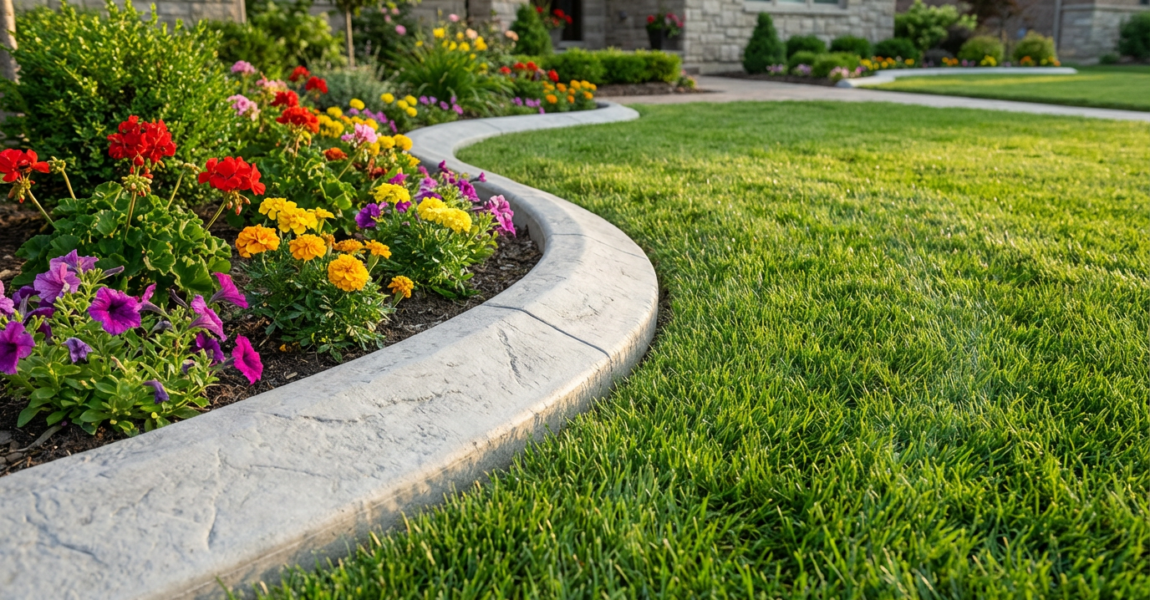 A landscaped garden with neatly trimmed grass, colorful flowers, and a curved concrete curbing border separating the flowerbed from the lawn—perfect for enhancing any Minnesota landscape.