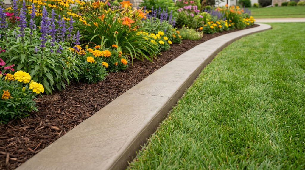 A curved concrete border serves as stylish landscape edging, separating a mulched flower bed with blooming flowers from a neatly mowed green lawn.