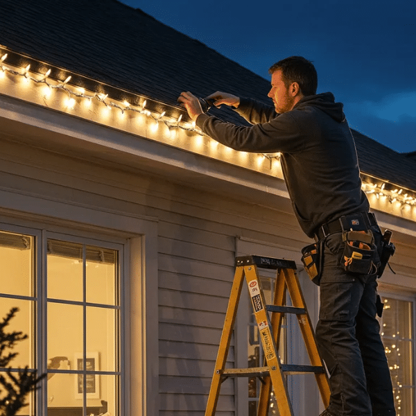 Certified installer following safety standards while setting up outdoor holiday lighting