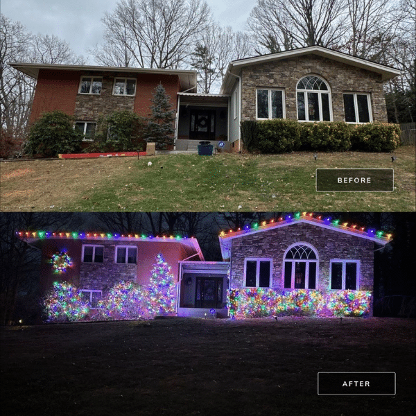 Side by side comparison of professional and DIY Christmas light installation.